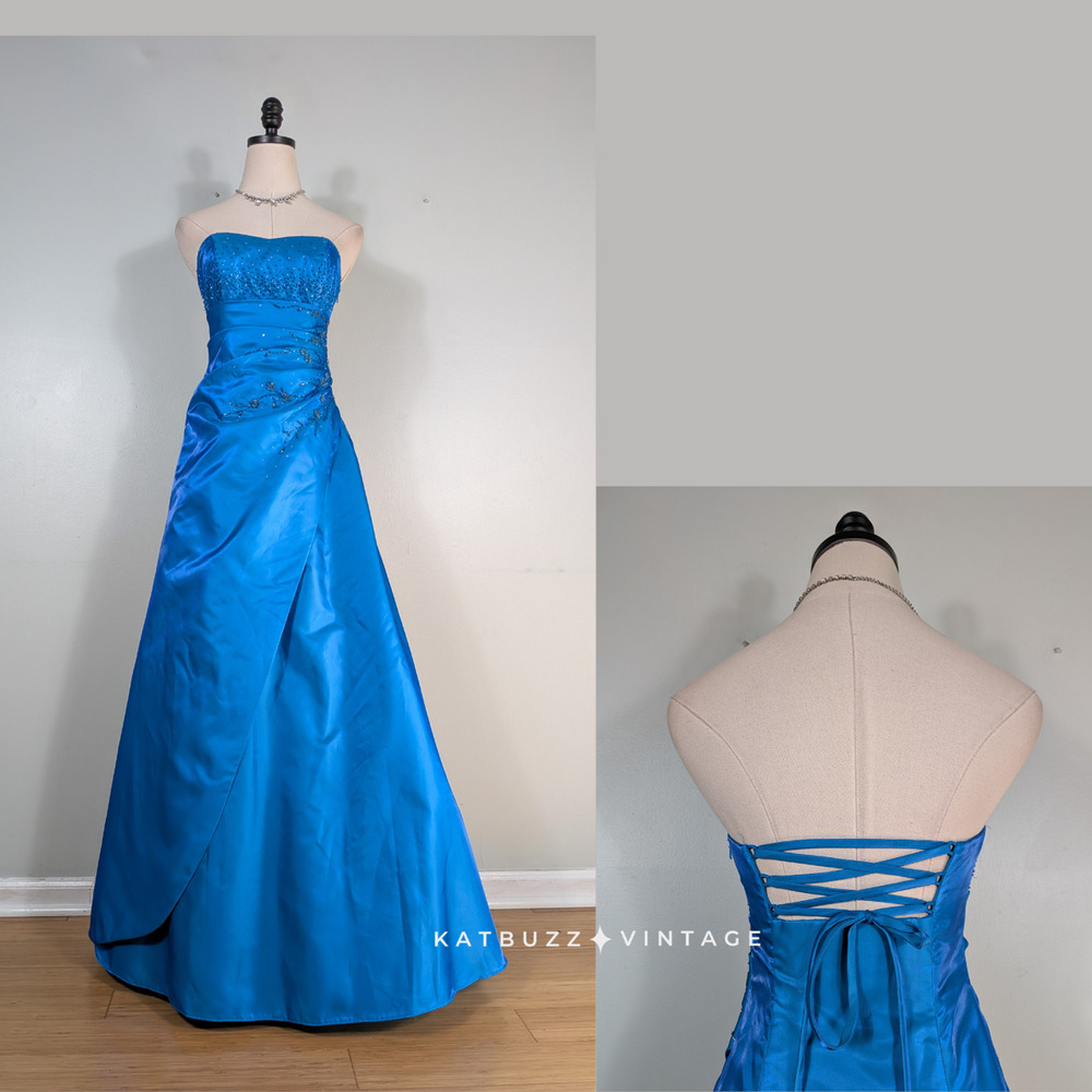 Vintage Prom Dress Maxi Gown 2 Blue Fairy Princess Corset Y2K Strapless Beaded